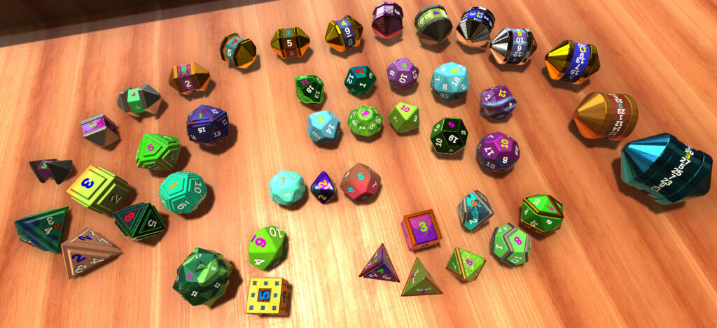 Image of many various dice shapes arranged.