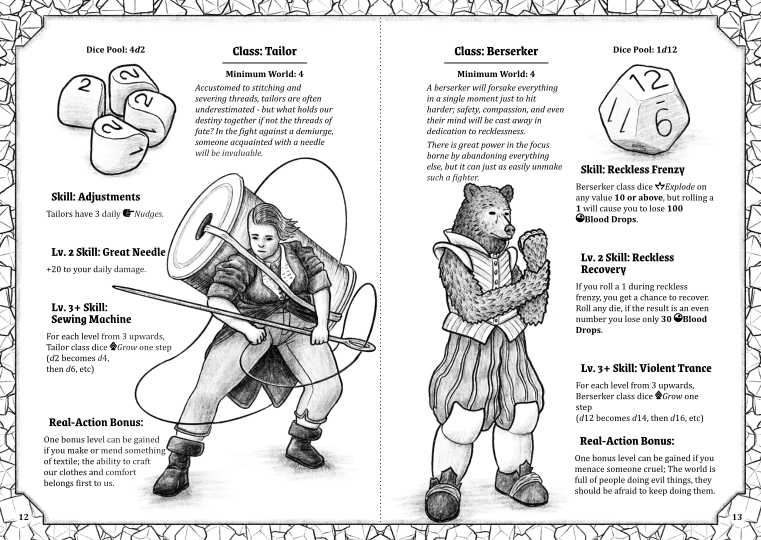 Two pages, each with a different class description and illustration. The Tailor class shows a person wielding a large needle with a big spool of thread on their back. The Berserker class shows a bear-person holding a fist wearing metal knuckles.