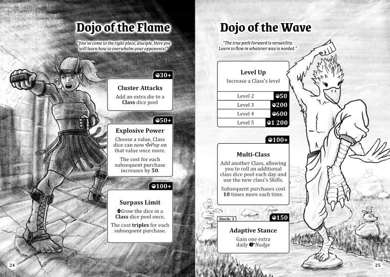 Two pages, both describe a different Dojo for training, the skills they provide, and have an illustration of their masters. One master is a person in a firelit space, the other is a bird-person balancing on a rock in a meadow's gentle stream.