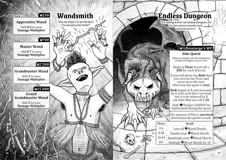 Two pages, one describes a wand shop and has an illustration of a goblin holding a wand aloft, the other page describes a dungeon quest and shows a dragon-like creature emerging from darkness.