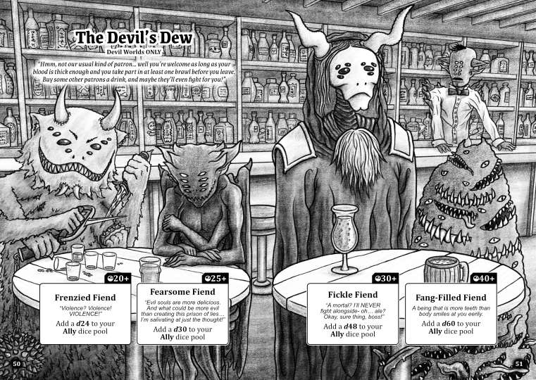 A double-page spread showing a bar where several devils are drinking, there are descriptions of the features they grant if hired.