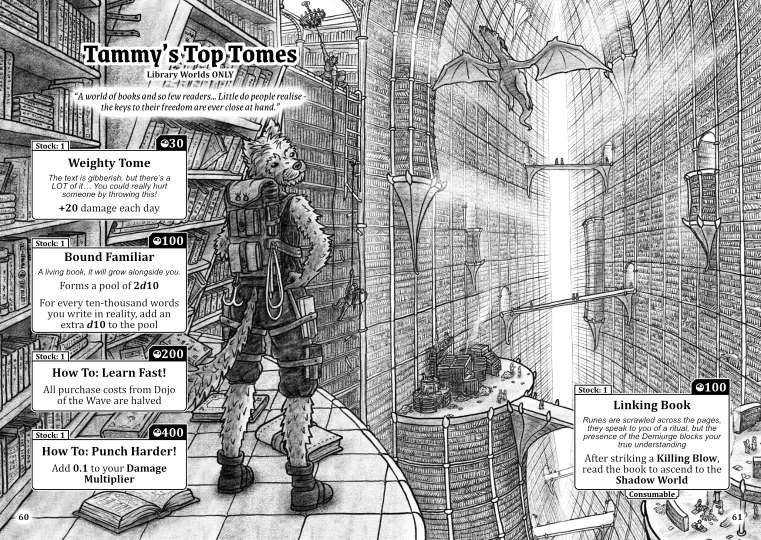 A double-page spread showing a dog-person overlooking a vast chasm made of uncountable numbers of bookshelves. There are descriptions of various books that can be acquired and their features.